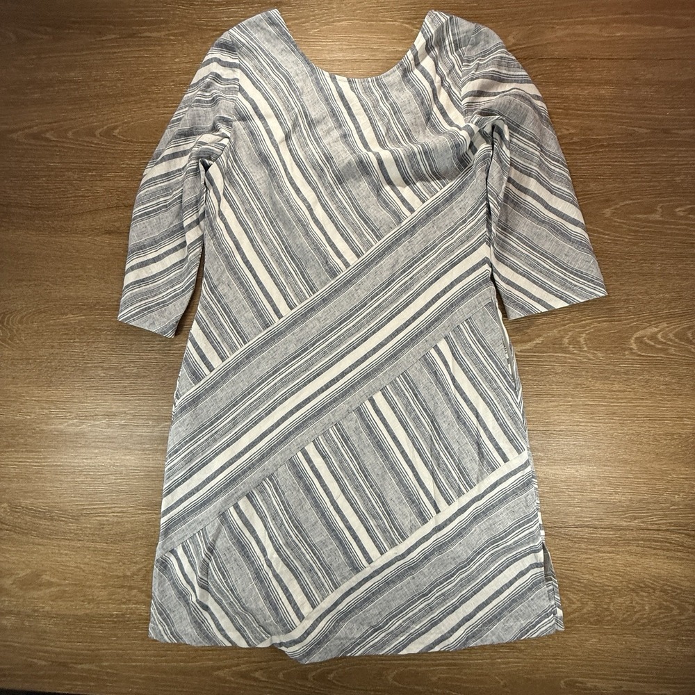 Soft Surroundings Linen Dress Women's Medium Blue Stripe 3/4 Sleeve NWT Coastal - Picture 9 of 9